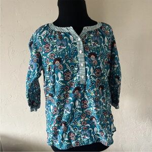 TALBOTS Blue Band Collar Popover Jacobean Floral Women XS 100% Cotton